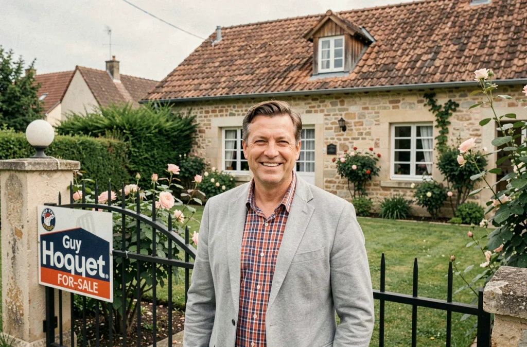 Agent immobilier Guy Hoquet Clermont-Ferrand devant une maison familiale avec jardin et panneau À Vendre en banlieue clermontoise