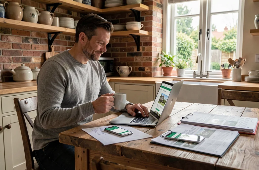 Homme consultant un site immobilier sur son ordinateur portable à domicile pour préparer simultanément la vente et le prochain achat de sa maison