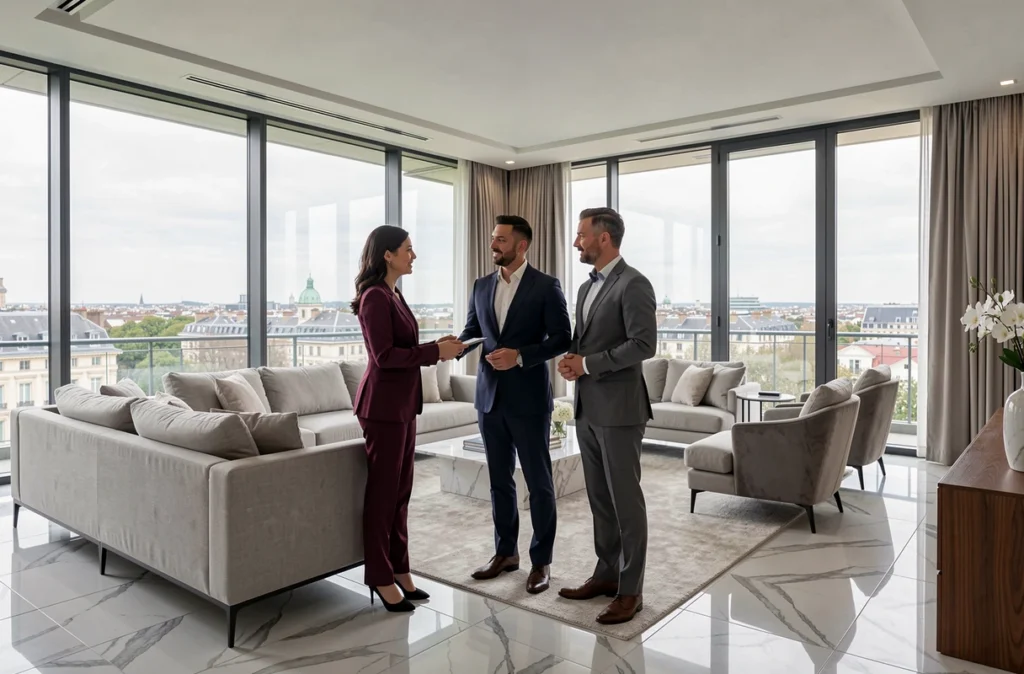 Agente immobilière Jaude Immobilier présentant un appartement premium à Clermont-Ferrand à un couple dans un intérieur luxueux