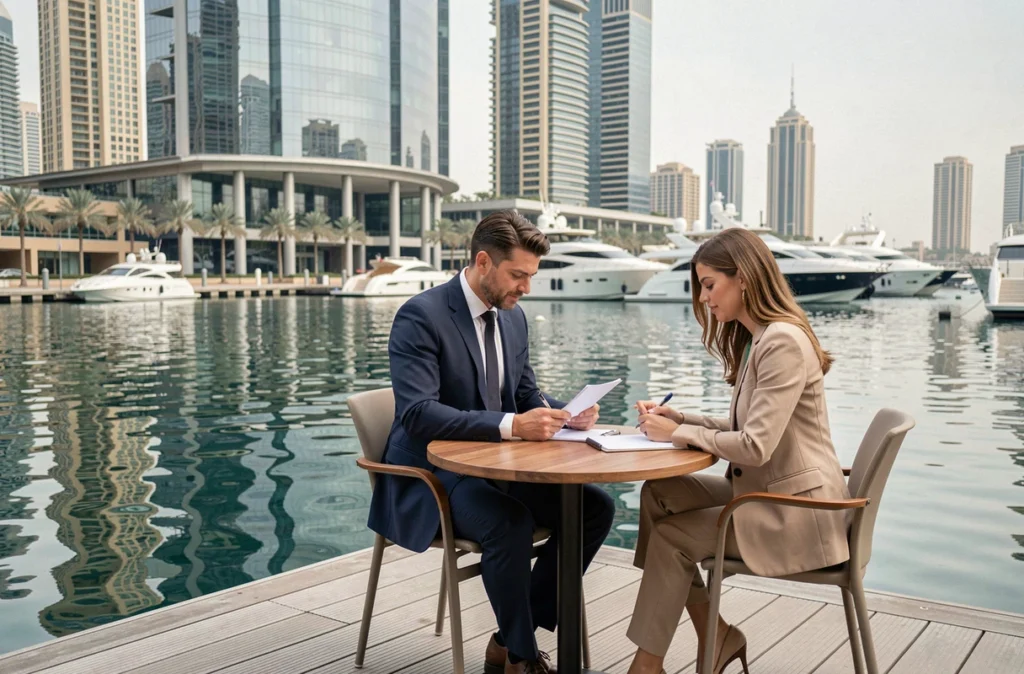 Marina Plaza à Dubaï Marina avec deux professionnels travaillant en terrasse face au plan d'eau et aux yachts amarrés