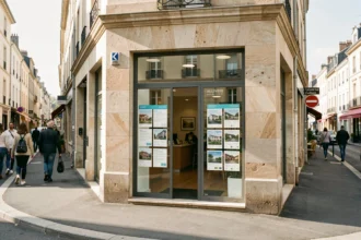 Vue d'ensemble d'une agence immobilière en Auvergne-Rhône-Alpes avec vitrines de biens à vendre en centre-ville