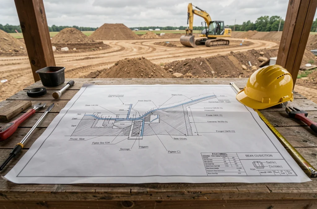 Plan de coupe terrain avec fosses septiques et réseaux d'assainissement annoté posé sur une table de chantier