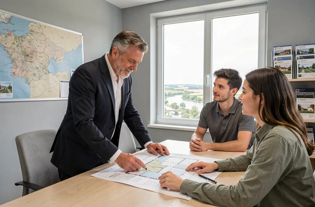 Agent immobilier Primum Immobilier 63 en consultation avec un couple autour d'un plan de bien immobilier dans une agence à Clermont-Ferrand