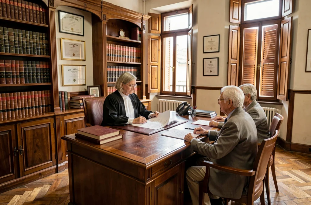 Notaire du réseau des notaires Auvergne-Rhône-Alpes en robe officielle finalisant une transaction immobilière notariale avec un couple dans une étude notariale traditionnelle