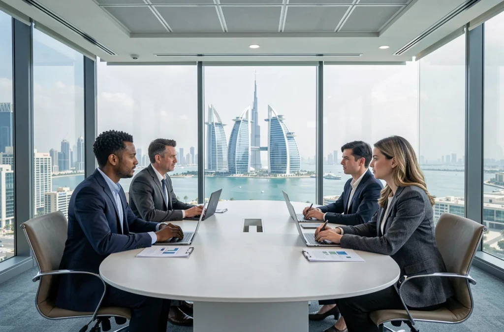 Salle de réunion moderne dans une tour de bureaux à Dubaï avec vue panoramique sur les Jumeirah Lake Towers et l'Almas Tower
