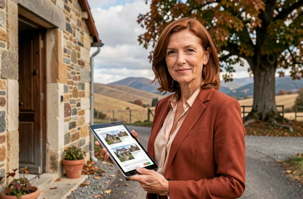 Mandataire immobilière 3G Immo Valérie Lamoureux devant un bien de caractère en pierre en Auvergne-Rhône-Alpes avec tablette à la main