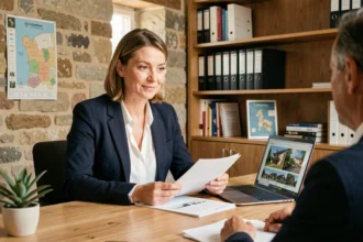 Agent immobilière en Ardèche présentant des annonces de biens à une cliente dans une agence immobilière locale au décor en pierre