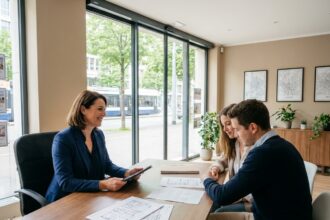 Conseillère en relocation accompagnant un couple dans la recherche d'un appartement à Genève dans une agence immobilière moderne