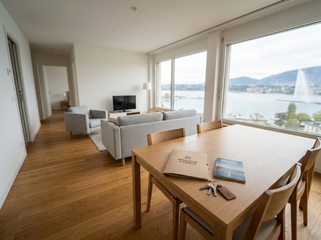 Appartement moderne à Genève avec vue sur le lac et les Alpes, dossier de relocation posé sur la table pour un nouvel arrivant