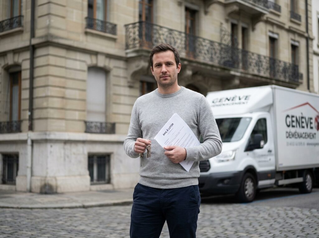 Expatrié tenant des clés et un contrat de location devant un immeuble résidentiel classique à Genève après relocation