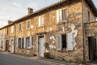 Maison de village en pierre à rénover avec volets fermés