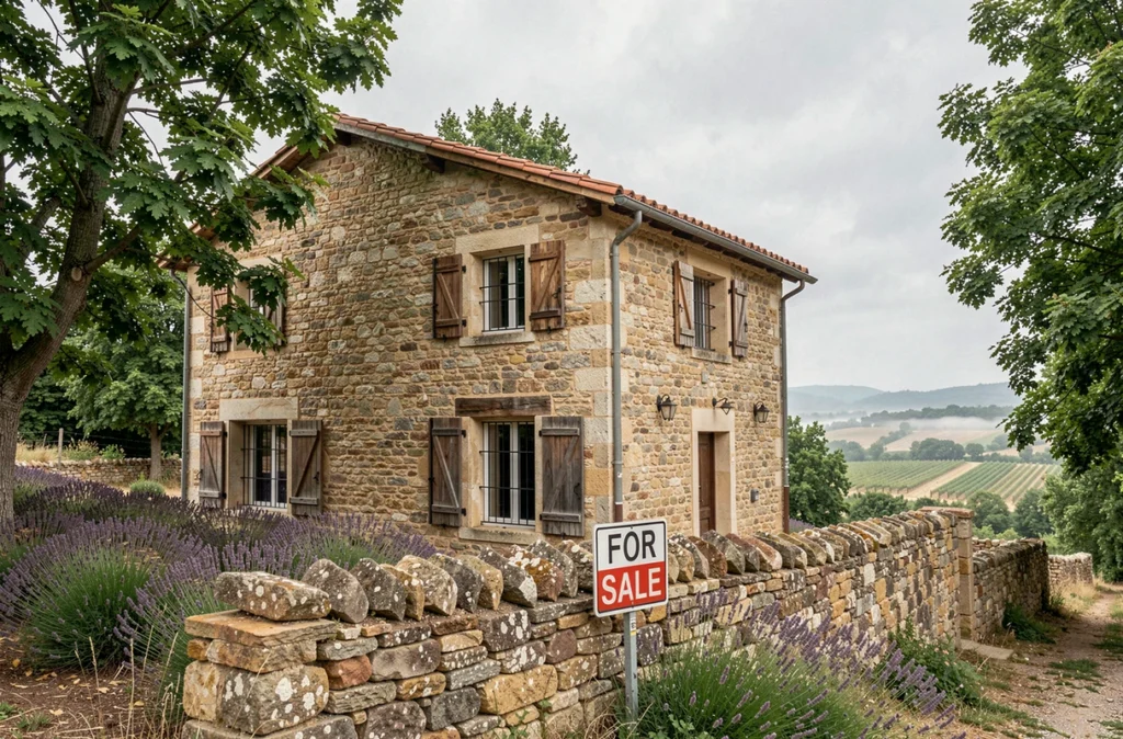 Mas ardéchois traditionnel en pierre à vendre avec panneau d'agence immobilière entouré de végétation méditerranéenne en Ardèche